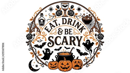 A decorative circular halloween design featuring the text eat drink and be scary surrounded by spooky pumpkins ghosts bats and intricate floral vintage style patterns
