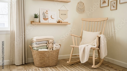 Cozy nursery corner with rocking chair and woven rattan laundry basket filled with neatly folded pastel baby blankets