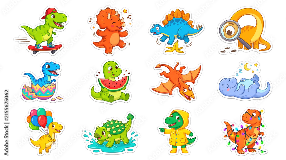 Naklejka premium Cute cartoon dinosaur sticker set: twelve funny dino characters skateboarding, dancing and eating watermelon.