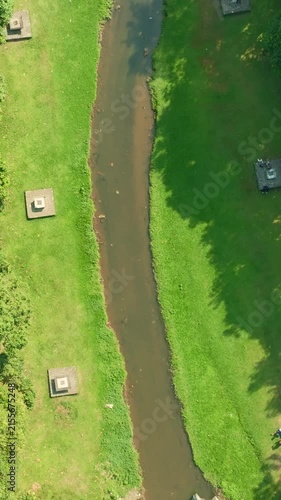 Top down aerial view of central park canal in Yogyakarta
