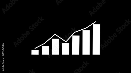 White animated bar chart with rising trend line on black background loopable