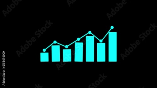 Cyan animated bar chart with rising trend line on black background loopable