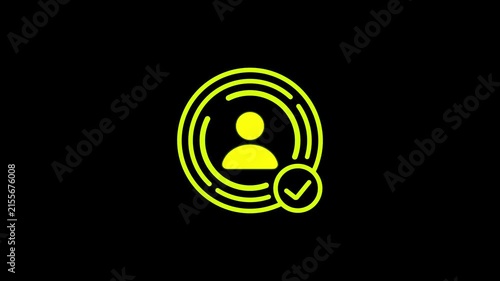 Neon lime user profile verification icon with checkmark badge animated on black background