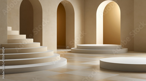 Elegant premium vector graphics featuring curved architectural shapes and floating platforms, minimalist beige tones, luxury campaign banner, no people, offering a unique and highly detailed