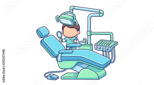 Dental chair with equipment and a dentist character in a clinic