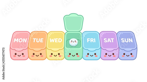 Colorful weekly pill organizer with cute smiling faces