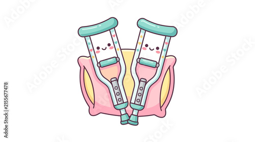 Pair of cute kawaii crutches resting on a pink pillow