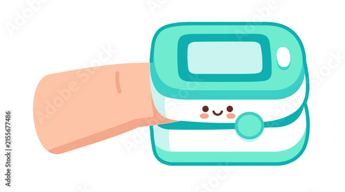 Cute pulse oximeter device clipped on finger for oxygen monitoring