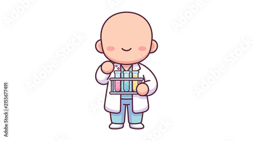 Cute scientist character holding test tube rack in lab coat