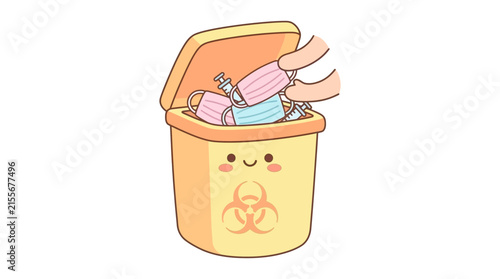 Cute yellow biohazard waste bin for medical disposal