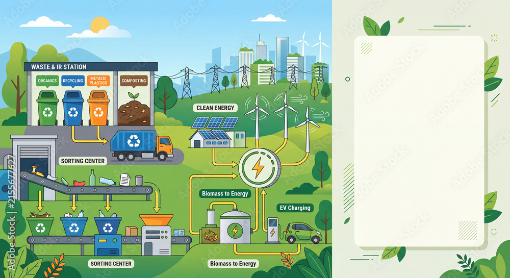 Fototapeta premium Comprehensive Sustainable Recycling and Renewable Energy Concept with Copy Space for Environmental Presentation