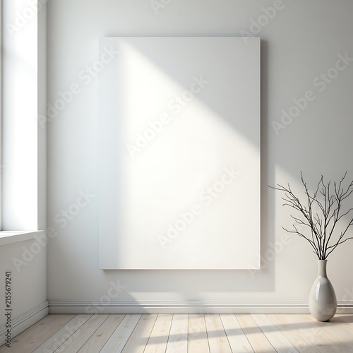 Bright minimalist interior with blank canvas, window light, and bare branch vase.