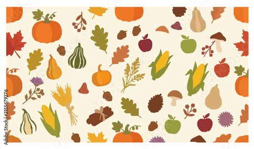 Cute Autumn Thanksgiving Seamless Pattern with Pumpkins Leaves and Harvest Decorations