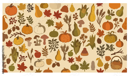 Thanksgiving Harvest Seamless Pattern Cute Pumpkins Leaves Berries and Autumn Elements Vector