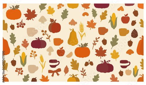Cozy Fall Harvest Seamless Pattern with Cute Pumpkins Maple Leaves and Seasonal Decorations