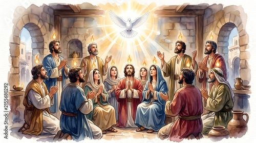 Pentecost Art, Holy Trinity, Watercolor illustration Descent of the Holy Spirit on the Apostles Holy Trinity Day Pentecost whitsunday Praying men