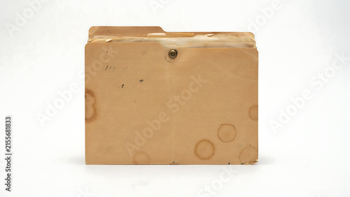 Old vintage paper file folder with documents inside isolated on white background