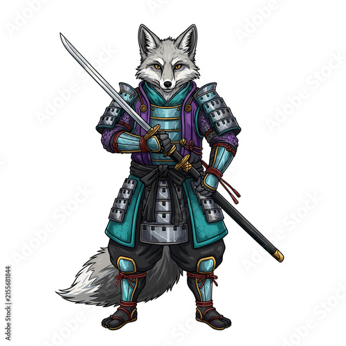 Fox Samurai Warrior in Traditional Armor Holding a Sword. Anime-Style Character Design with Purple and Teal Armor, Fur Details, and a Long Tail. Fanta