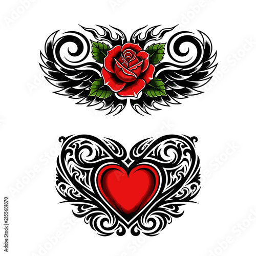 Red Rose with Black Wings and Green Leaves. Heart Design with Ornate Black Filigree. Tattoo Style Floral Emblem. Vintage Illustrative Vector Art.