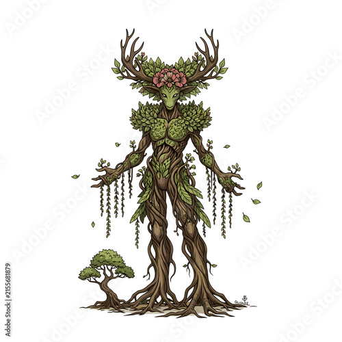 Tree-Like Humanoid Figure with Leafy Body and Antler Crown. Green Forest Spirit Design with Vine Details and Natural Textures. Fantasy Art Illustratio