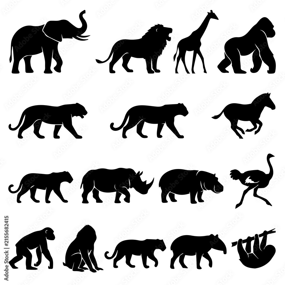 Obraz premium Collection of wild animal silhouettes and wildlife icons with wildlife, elephant