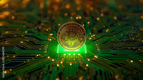 Golden Bitcoin Coin on Futuristic Green Circuit Board, Digital Cryptocurrency Technology Concept