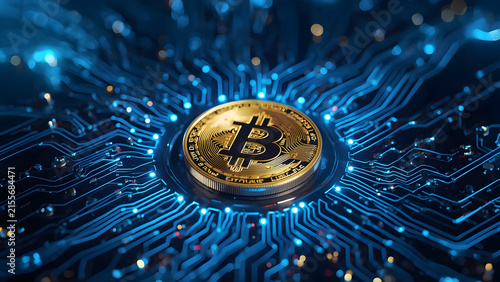 Golden Bitcoin Cryptocurrency Coin on Digital Circuit Board, Blockchain Technology Concept