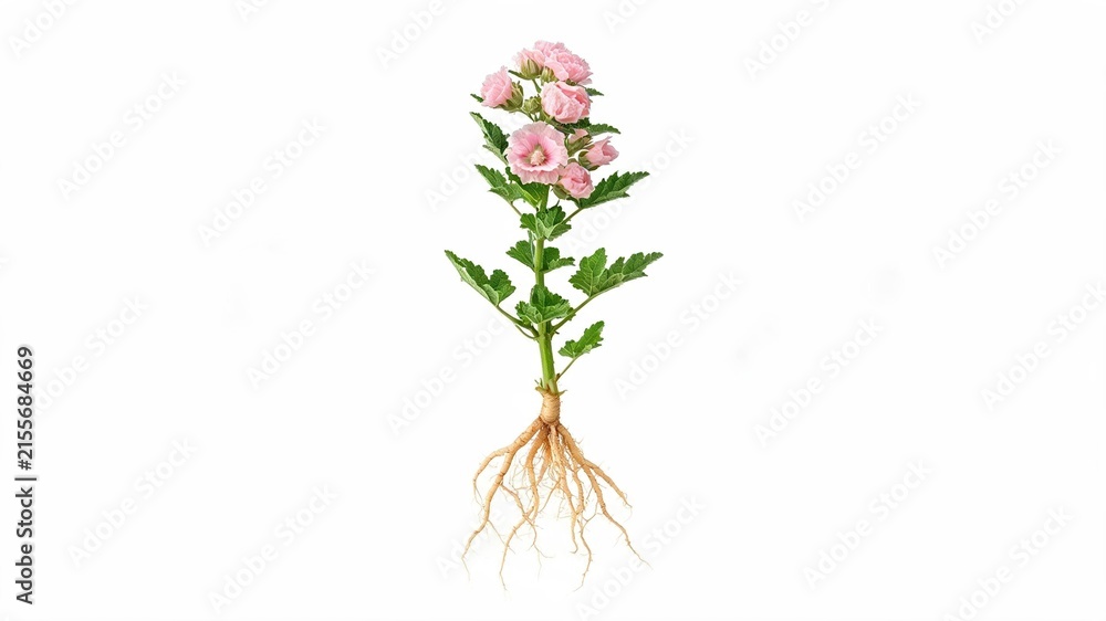 Obraz premium Flowering Marshmallow root medicinal plant with roots on white