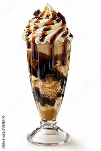 Café liégeois sur fond blanc, servi dans une coupe en verre haute. Café froid, glace café et sirop noir, surmontés d'un tourbillon de chantilly et copeaux de chocolat