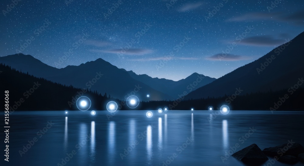 Obraz premium Nighttime lake scene with mountain range.