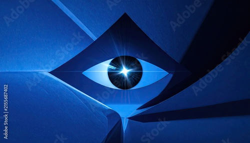 Stylized eye peering through blue geometric paper folds.