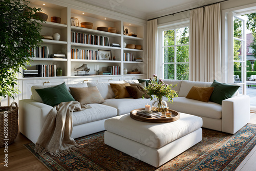 Sleek contemporary bookshelf unit integrated into a modern living room wall, refined styling, bright open atmosphere, professional furniture advertising photography, presented in stunning high