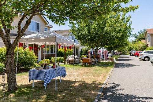 Elegant Juneteenth themed yard sale in a pristine suburban driveway, carefully displayed furniture, books, clothing, antiques and household goods, tasteful Juneteenth flags and celebratory decorations