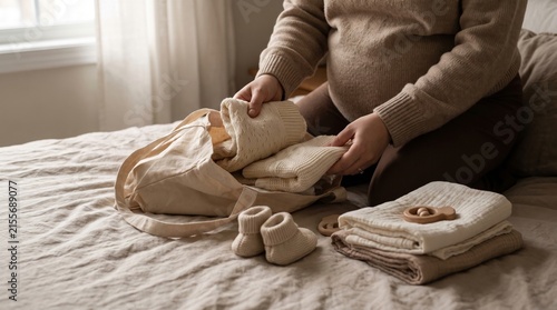 Pregnant woman packing neutral baby clothes and accessories into a canvas tote bag on a bed