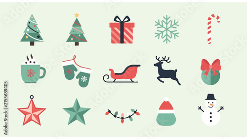 Colorful festive holiday icons set with Christmas symbols.