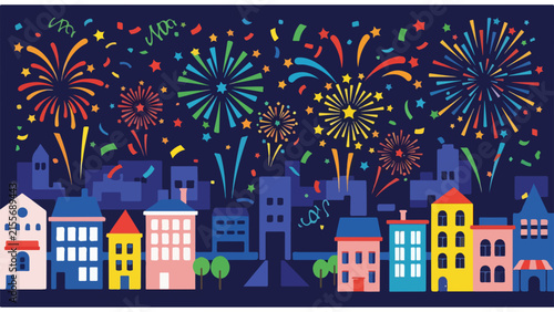 Colorful fireworks display over suburban houses at night.