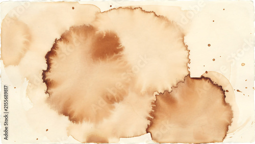 Abstract coffee stain texture on white paper background, artistic brown watercolor splash, organic liquid spill pattern, vintage grunge paper effect