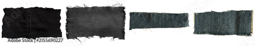 Fotografía Four torn denim fabric swatches, two black and two blue, isolated on transparent