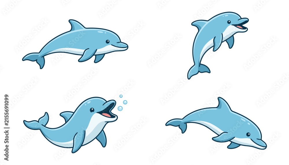 Fototapeta premium Cute Dolphin Character Vector Illustration Set Showing Various Swimming and Jumping Poses with Underwater Bubbles for Marine Life and Sea Theme Designs