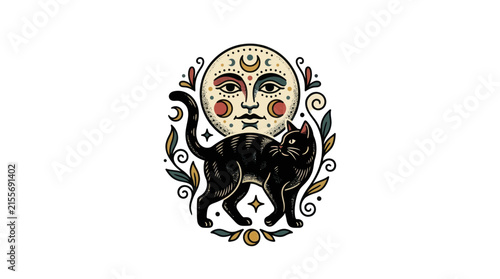 Black Cat with Celestial Moon Face Emblem