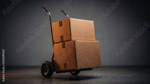 Cardboard boxes loaded on hand truck trolley against dark background