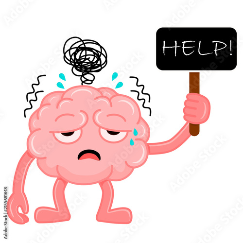 Stressed Brain Cartoon Character Holding Help Sign, Mental Health and Stress Concept Illustration