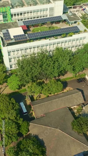 Aerial view of rooftop solar energy building in Yogyakarta