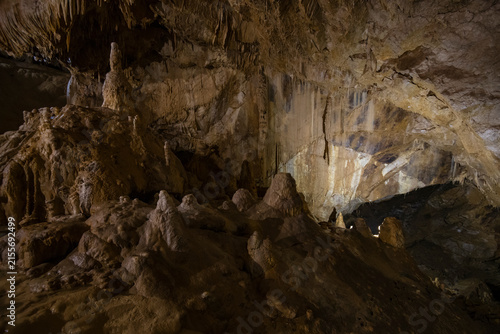 Stalagnates in one of the grottoes of New Athos cave. New Athos, Abkhazia