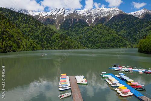 On the Ritsa mountain lake on a sunny May day