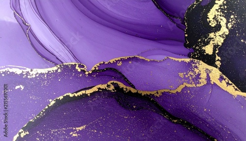 Purple fluid art with gold streaks, swirling organic textures