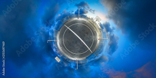 Little Planet Basketball Court Under Dramatic Sky 3D Render Environment