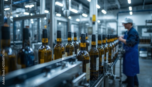 Workers bottling wine on an automated production line inside a modern wine factory,