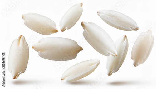rice grains levitating macro food texture isolated on white background