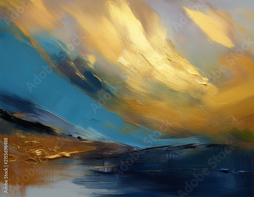 texture oil and acrylic smear blot painting landscape abstract gold and blue color stain brushstroke paper background contemporary art